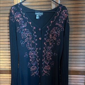 Vintage Carole Little Black Cardigan with Pink Floral Embroidery
